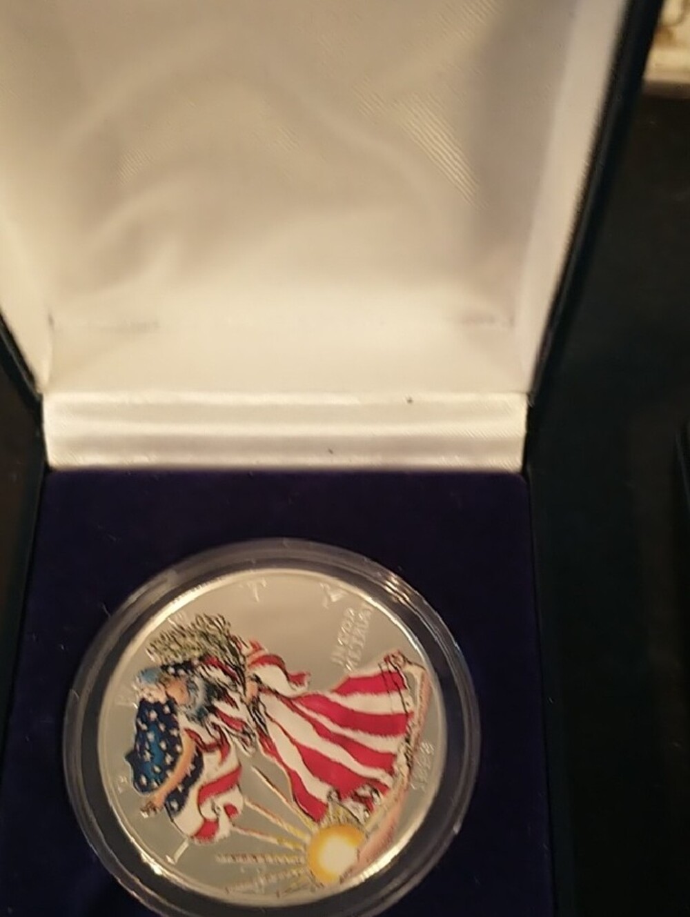 1999 silver dollar eagle & painted walking lady in navy leatherette box